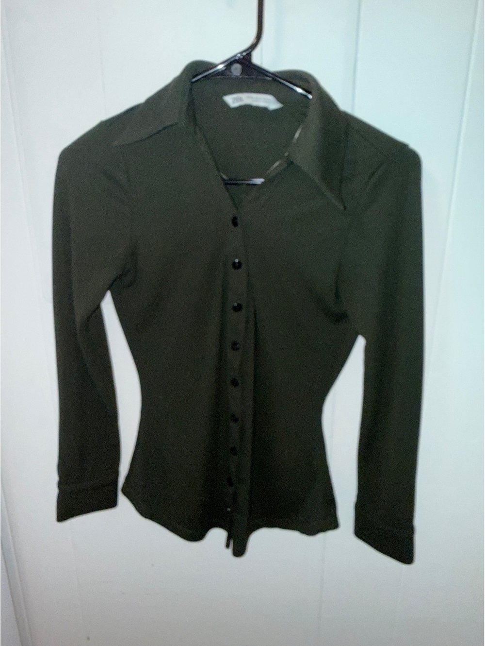 Zara Women's Olive Green Long Sleeve Button-Up Shirt, Size XS, 100% Polyester